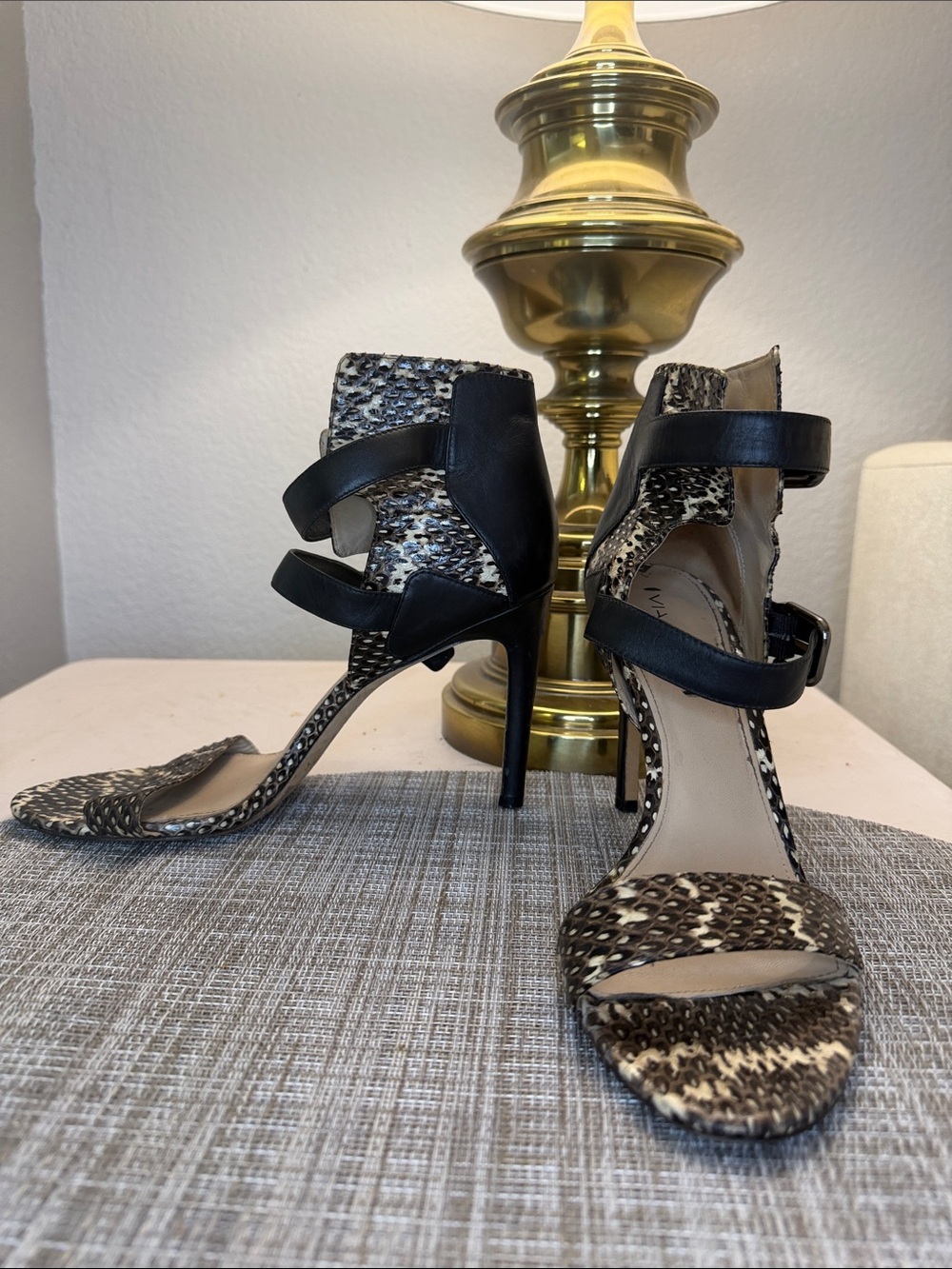 Via Spiga Black and Brown Snake-Print Strappy Stiletto Sandals